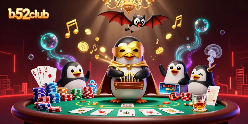 Engage with b52club at a vibrant casino scene featuring 3D characters and dynamic elements.