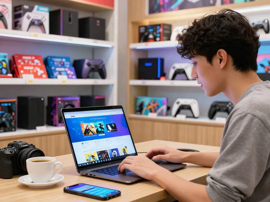 Shop for digital gaming products at warung168, showcasing vibrant merchandise in an engaging atmosphere.