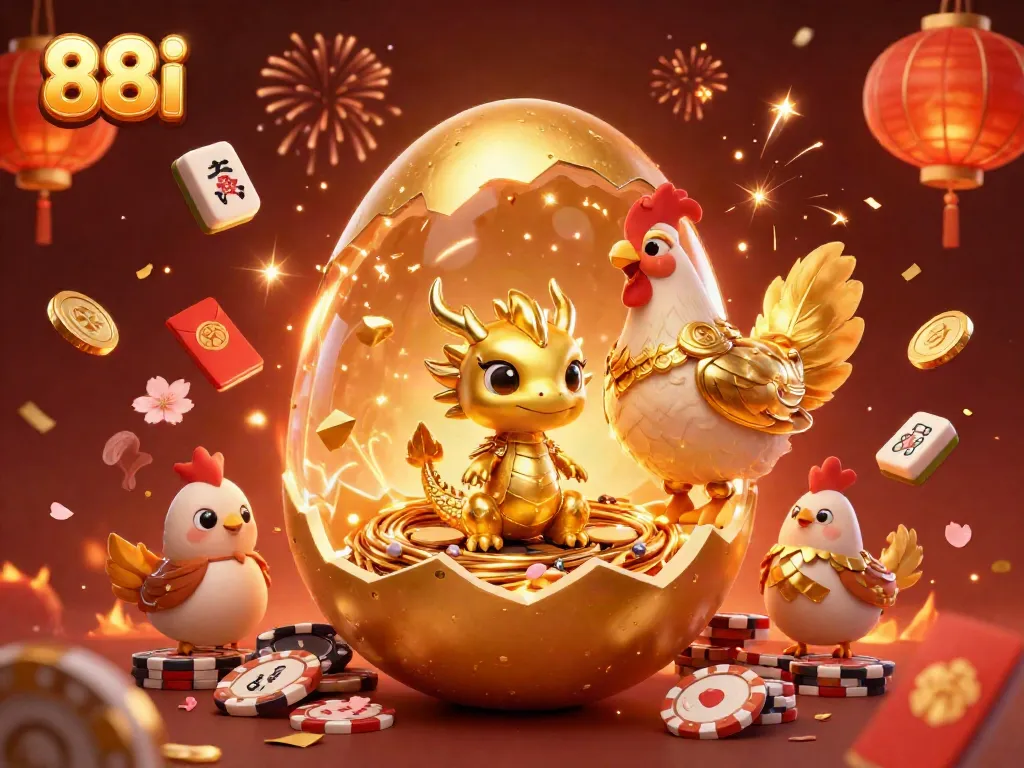 Experience the magic of 88i with a golden dragon and poker chips surrounded by festive elements.