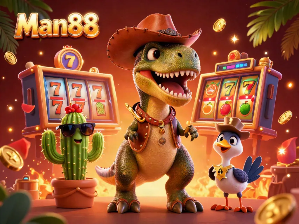 Man88 brings thrilling slot action to life with a cowboy dinosaur and jackpot elements in a vibrant casino scene.