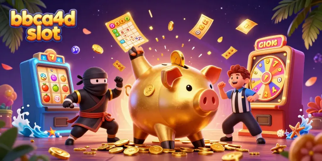 Memenangkan keuntungan dengan bermain slot di bbca4d slot, menampilkan simbol slot dan karakter menarik.
