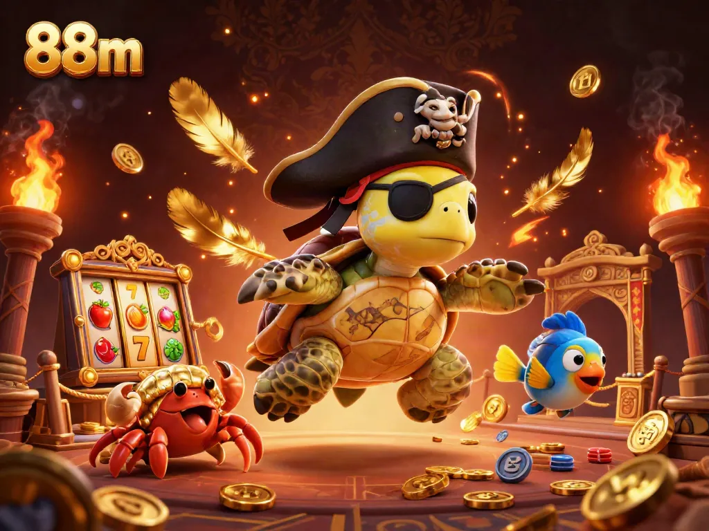 Engage with 88m's thrilling casino adventure featuring a pirate turtle, treasure, and vibrant gaming elements.