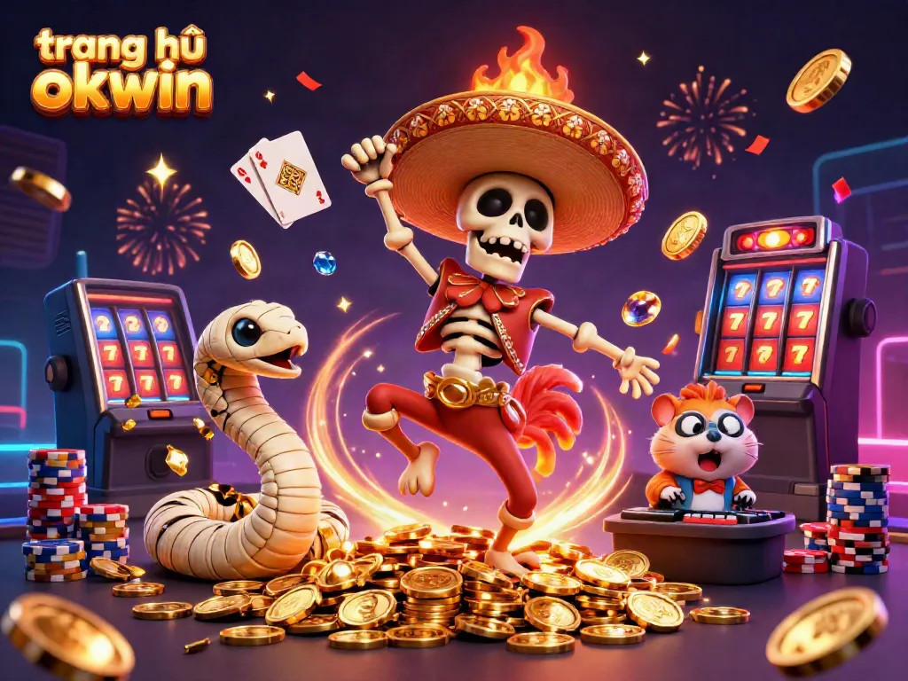 Experience the excitement at trang chủ okwin with a vibrant casino-themed illustration showcasing a dynamic celebration of winnings and gaming.