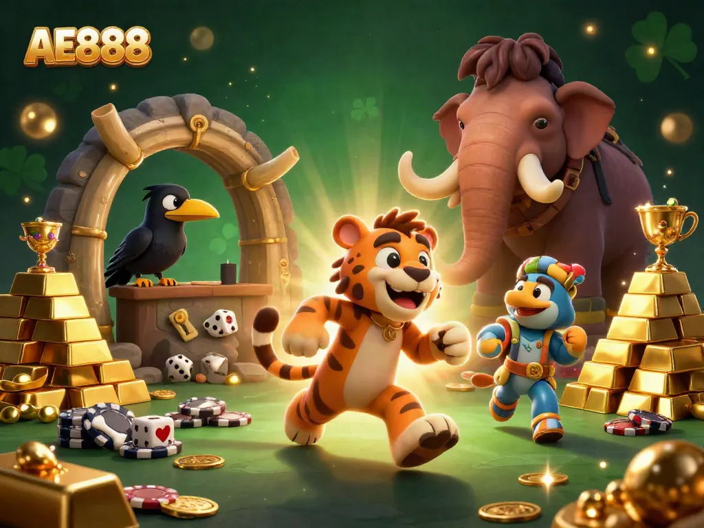 Experience the excitement of AE888 in a vibrant prehistoric casino scene filled with treasures and playful characters.