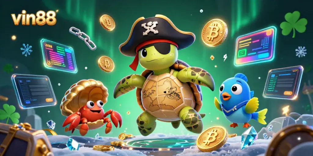 Engage with vin88's casino experience through an illustrative adventure with vibrant cartoon characters and gaming elements.