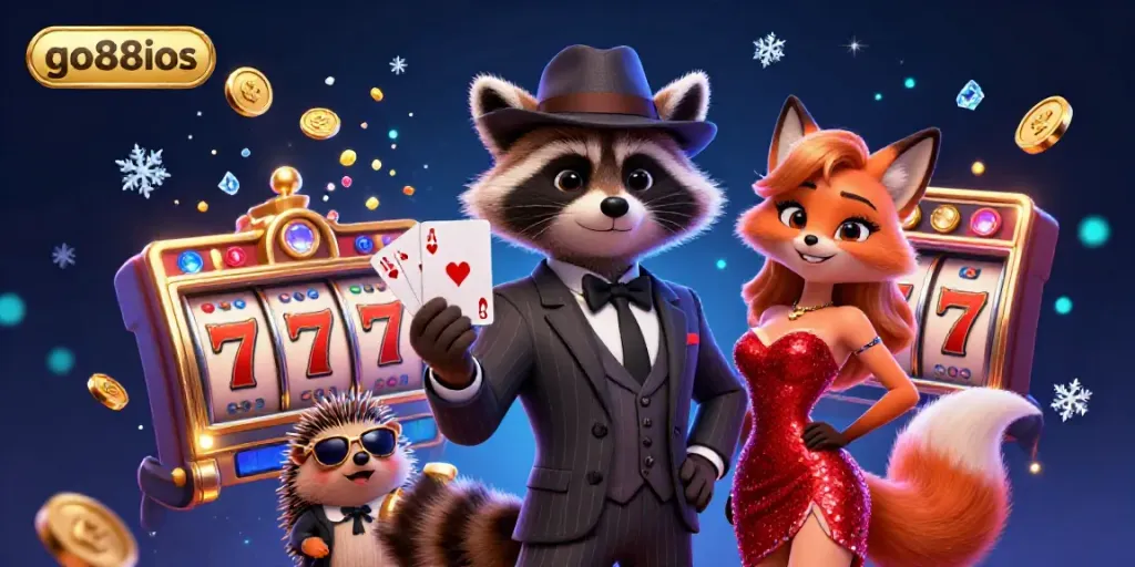 Engage with go88ios as a raccoon, fox, and hedgehog celebrate a jackpot in a vibrant casino.