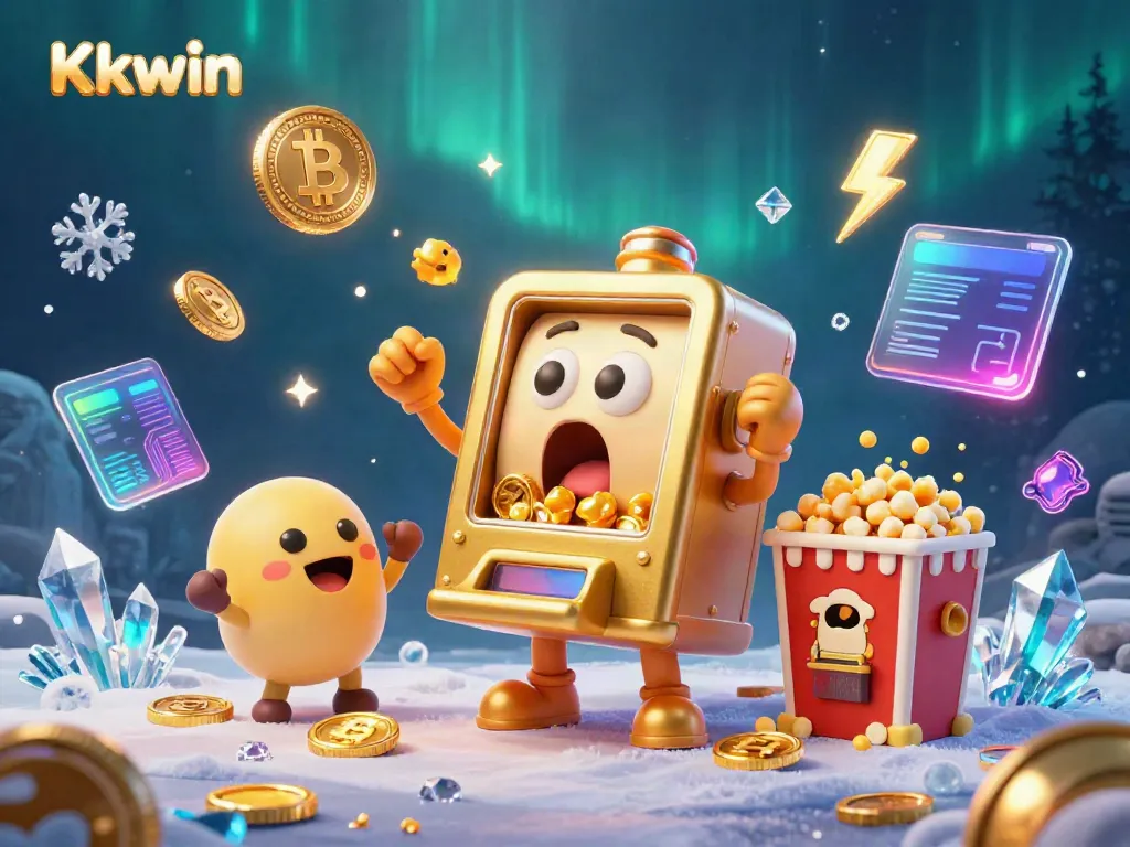 Kkwin slot machine hitting jackpot as coins pour out, surrounded by cheerful slot machines and crypto elements.
