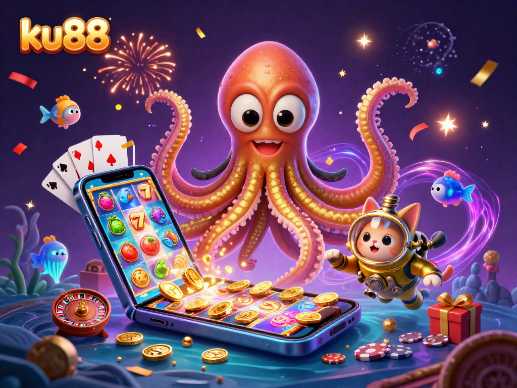 Engage in casino fun with ku88 featuring a kraken, diving cat, and slots in 3D.