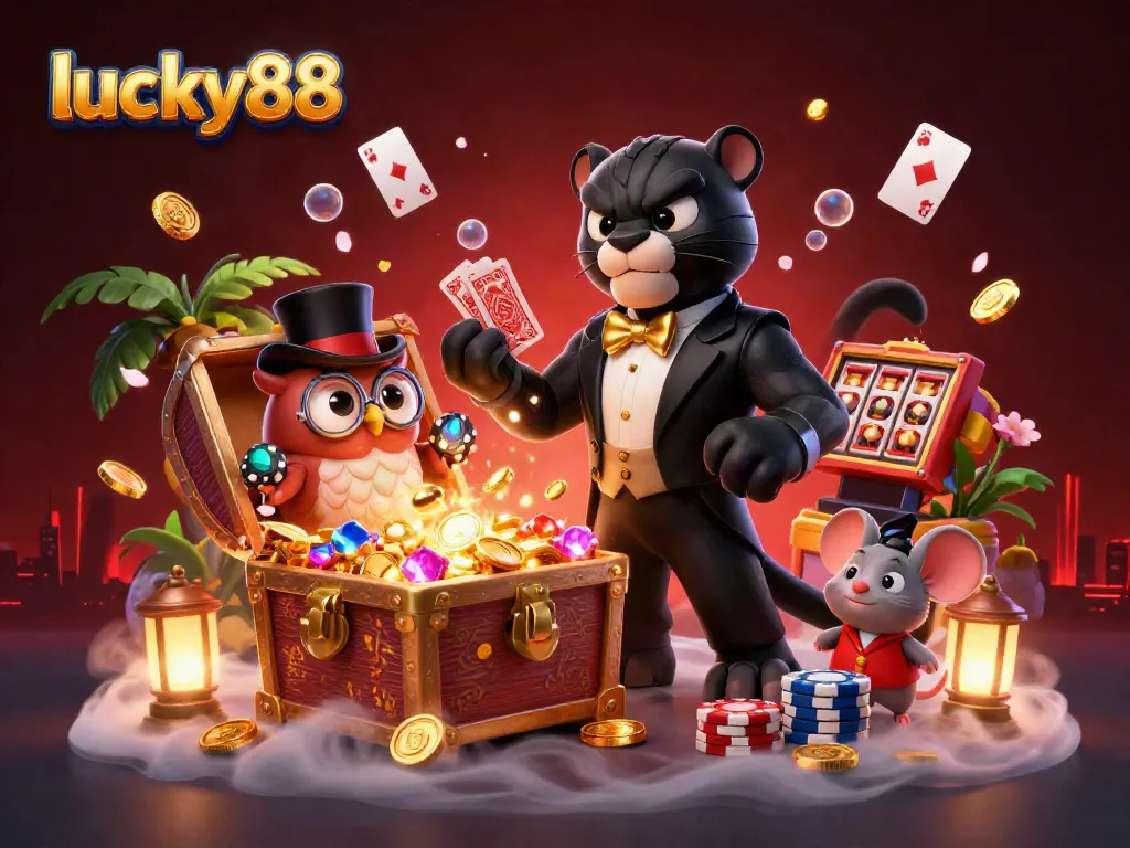 Experience thrilling action at lucky88 with a stylish panther and owl amid vibrant casino elements.