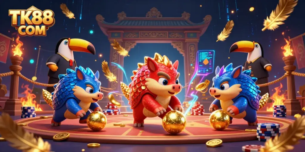 Engaging rivalry in TK88 COM as pangolins compete through golden balls and poker chips.