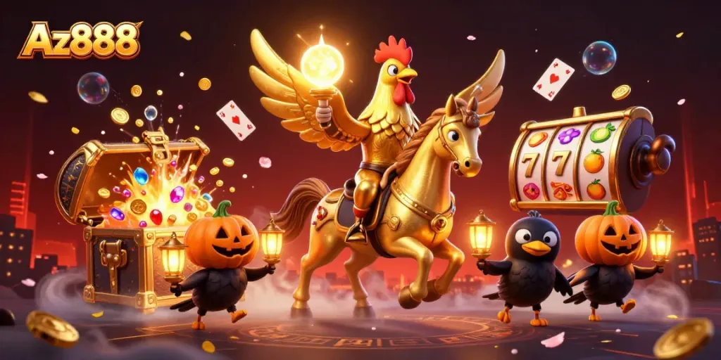 Experience thrilling gameplay at Az888 with dynamic casino scenes featuring magical characters and gaming symbols.