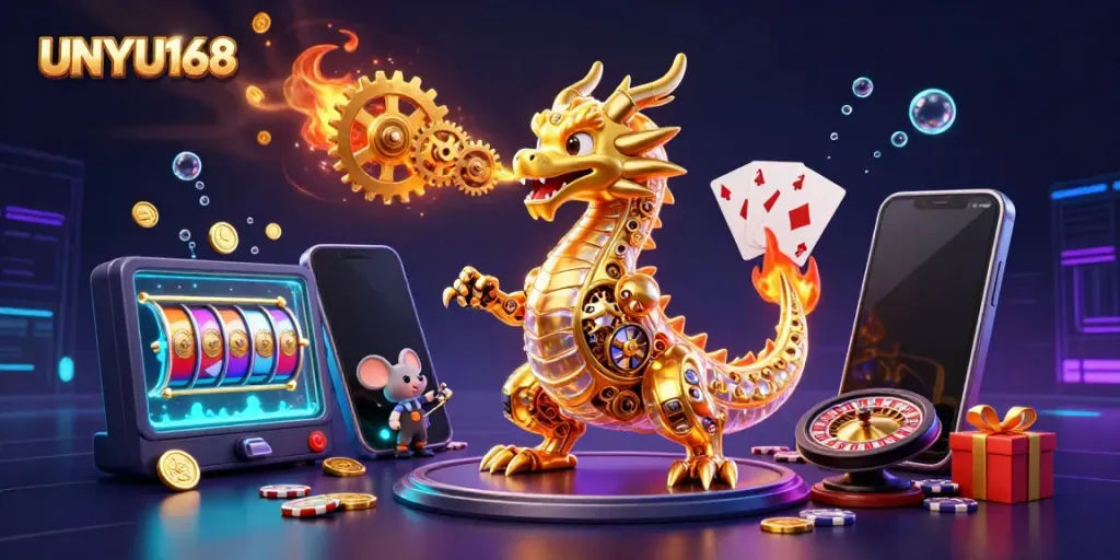 UNYU168 menawarkan keseruan bermain slot dengan naga emas dan elemen kasino secara menawan.