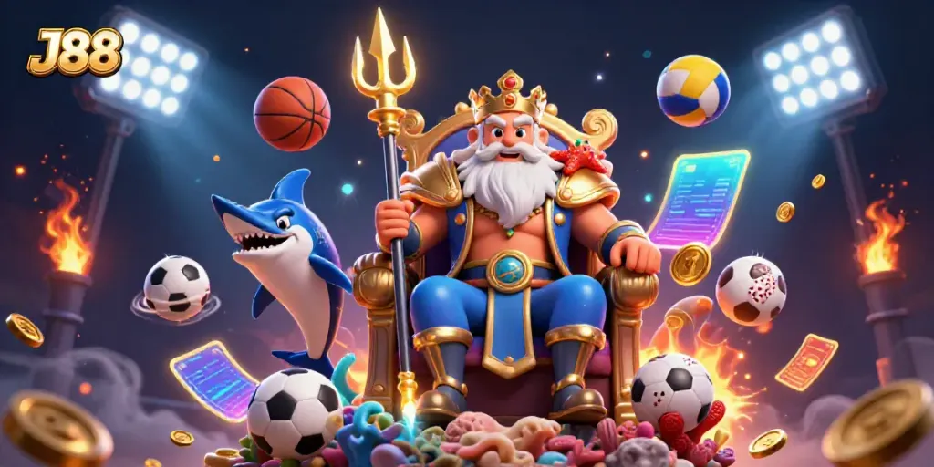 Experience thrilling bets with J88's vibrant promotional scene full of dynamic elements.