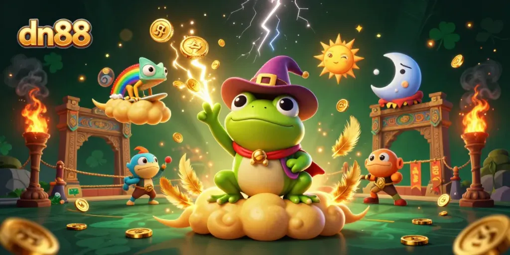 Engage in thrilling gameplay with dn88 as the weather wizard frog conjures golden coins amidst a vibrant casino scene.