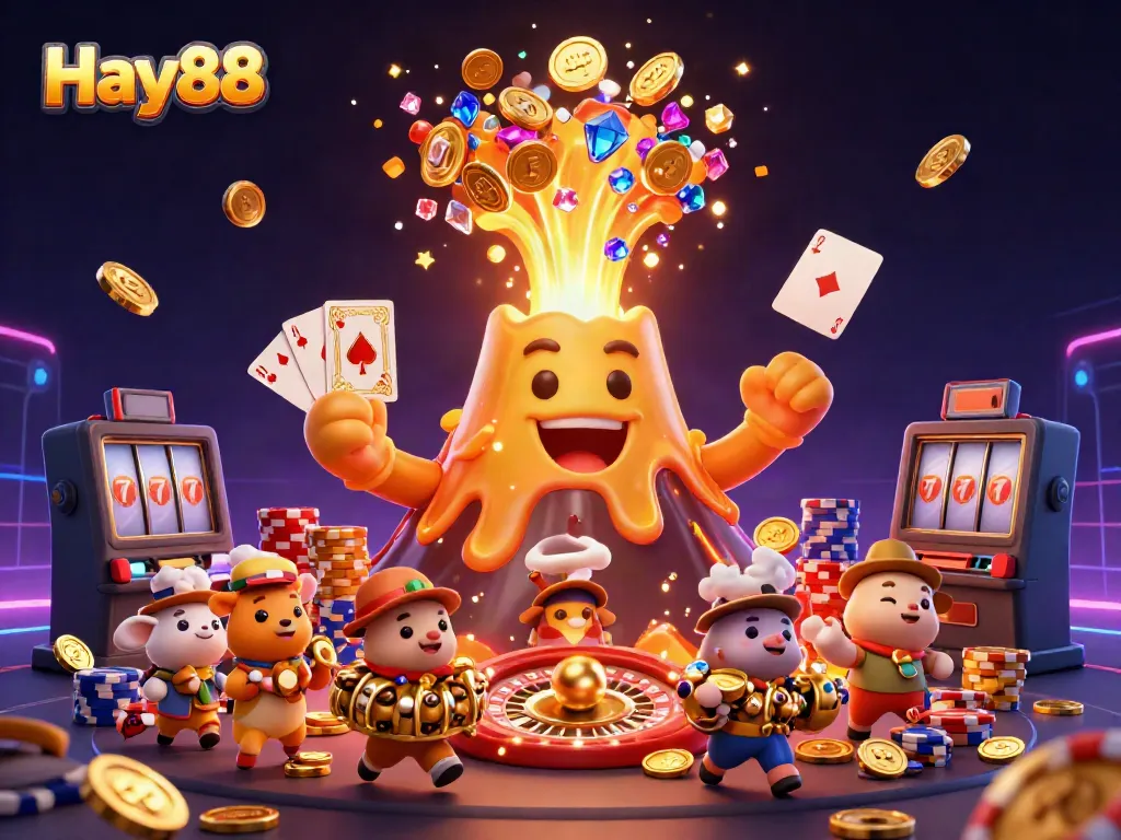 Experience the thrill of Hay88 with triumphant treasure-seeking animals amidst cascading coins and vibrant casino elements.