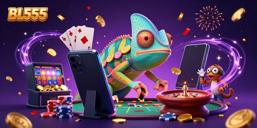 Win big at BL555 with a colorful chameleon casino owner, gold coins, and vibrant gaming elements.
