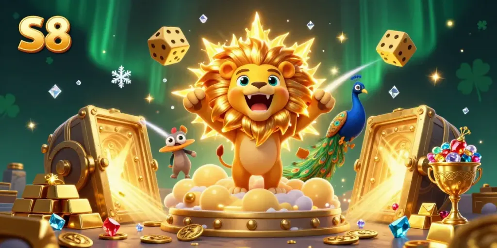 Experience excitement with S8's vibrant casino illustration featuring a roaring lion and golden treasures.