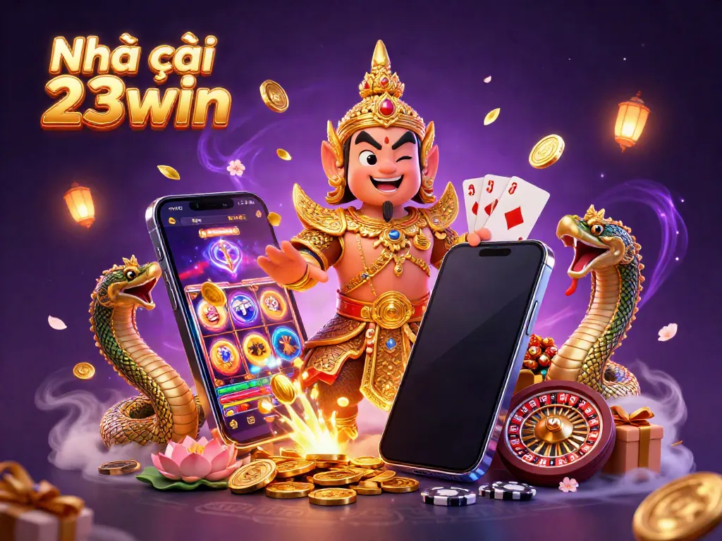 Experience thrilling casino action with Nhà cái 23win, vibrant 3D illustration featuring a guardian, gaming elements, and luxurious motifs.
