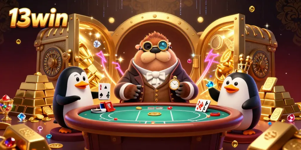Engage in excitement at 13win's underwater poker game, featuring a playful walrus and a bluffing pufferfish.