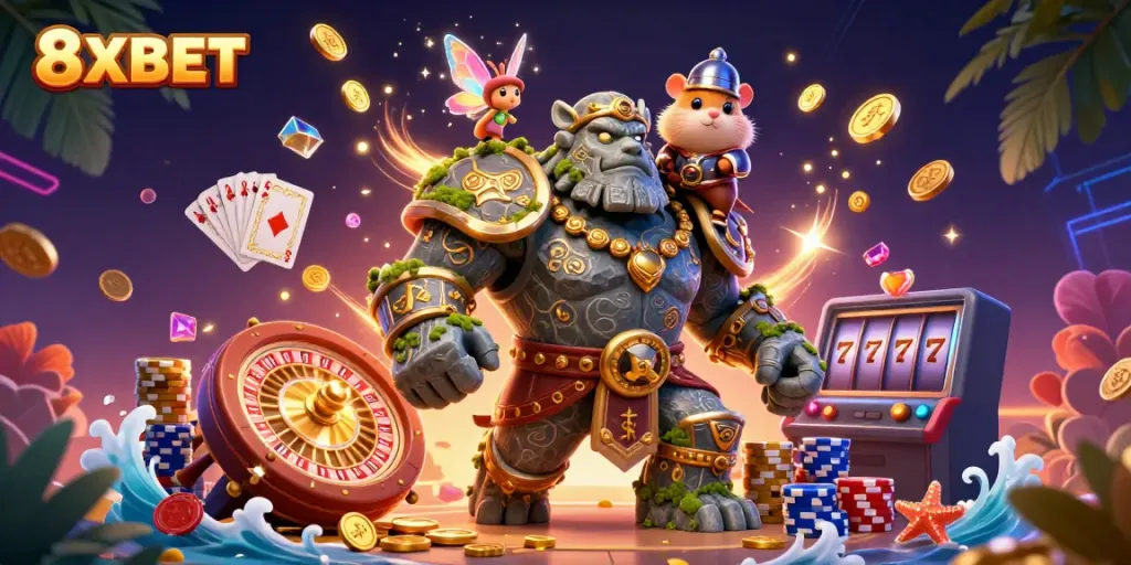 Experience immersive gaming with the vibrant 8XBET scene showcasing a guardian golem and magical elements.