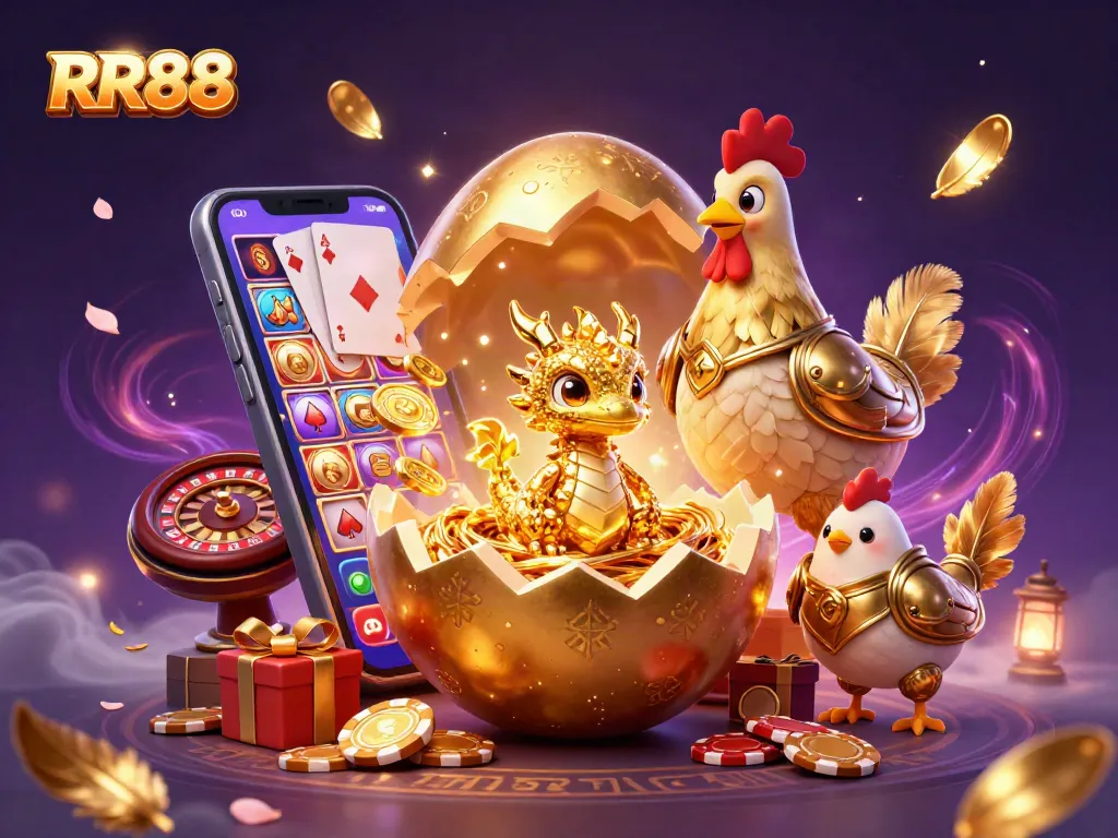 Spin the reels with RR88 while witnessing a golden dragon emerge from a treasure of poker chips.