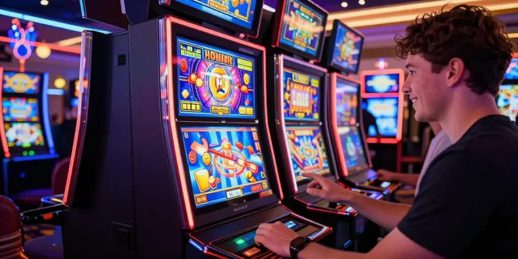 Pengguna aktif bermain slot di tuan88 dengan suasana kasino yang ceria dan menarik.