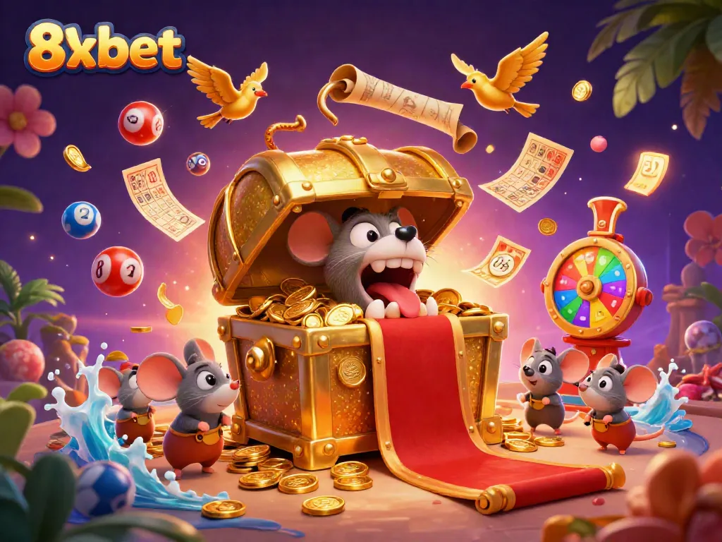 Engage with 8xbet's dynamic treasure-filled casino world, featuring a cartoon treasure chest surrounded by colorful lottery elements.
