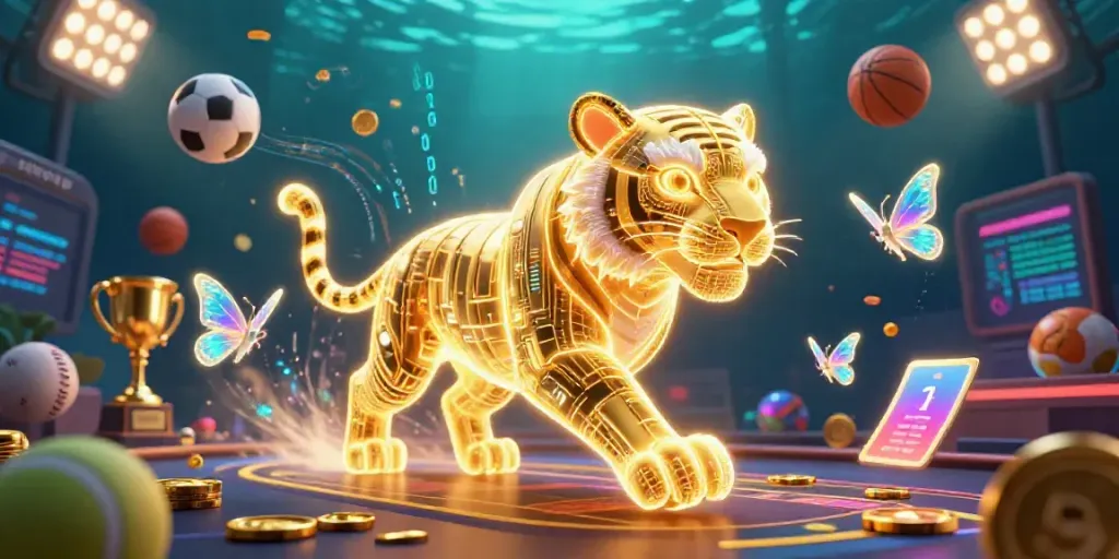 Experience thrilling action with okvip's vibrant 3D casino illustration showcasing golden tiger and sports elements.