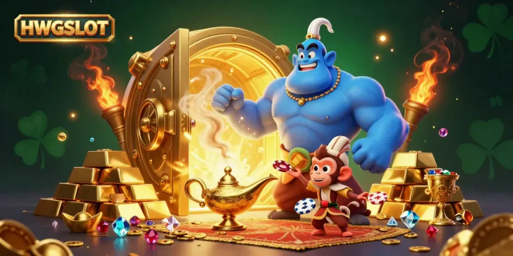 Engage with HWGSLOT's vibrant gaming world featuring a genie, monkey, and poker chips.