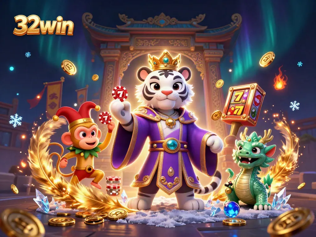 Experience thrilling gaming at 32win with energetic characters, slot reels, and vibrant casino elements.