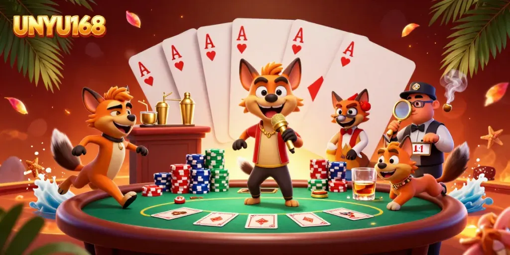 Poker penuh semangat di UNYU168, dengan hyena sebagai pelawak, bartender, dan pengaman yang bersenang-senang.