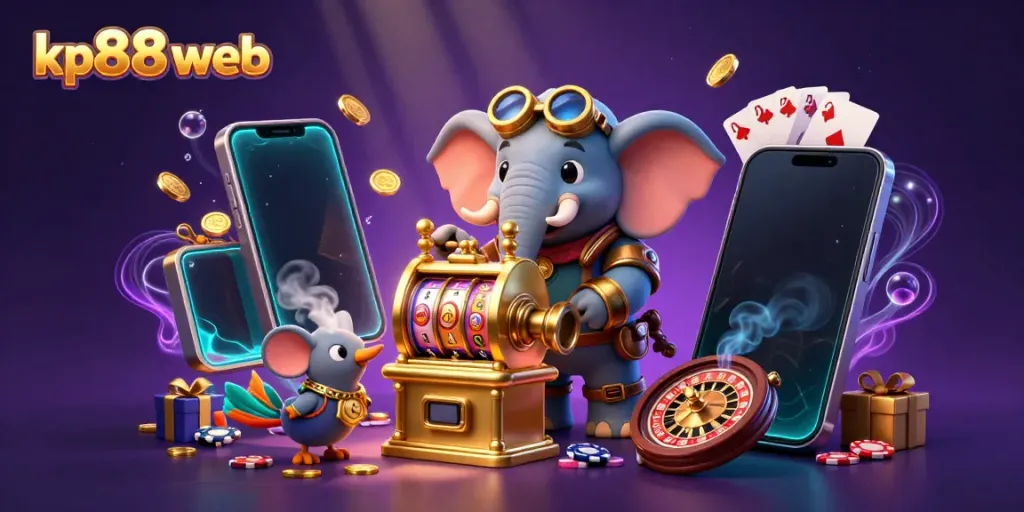 Experience the excitement of kp88 web with a vibrant 3D scene featuring a steampunk elephant engaging in a slot machine.