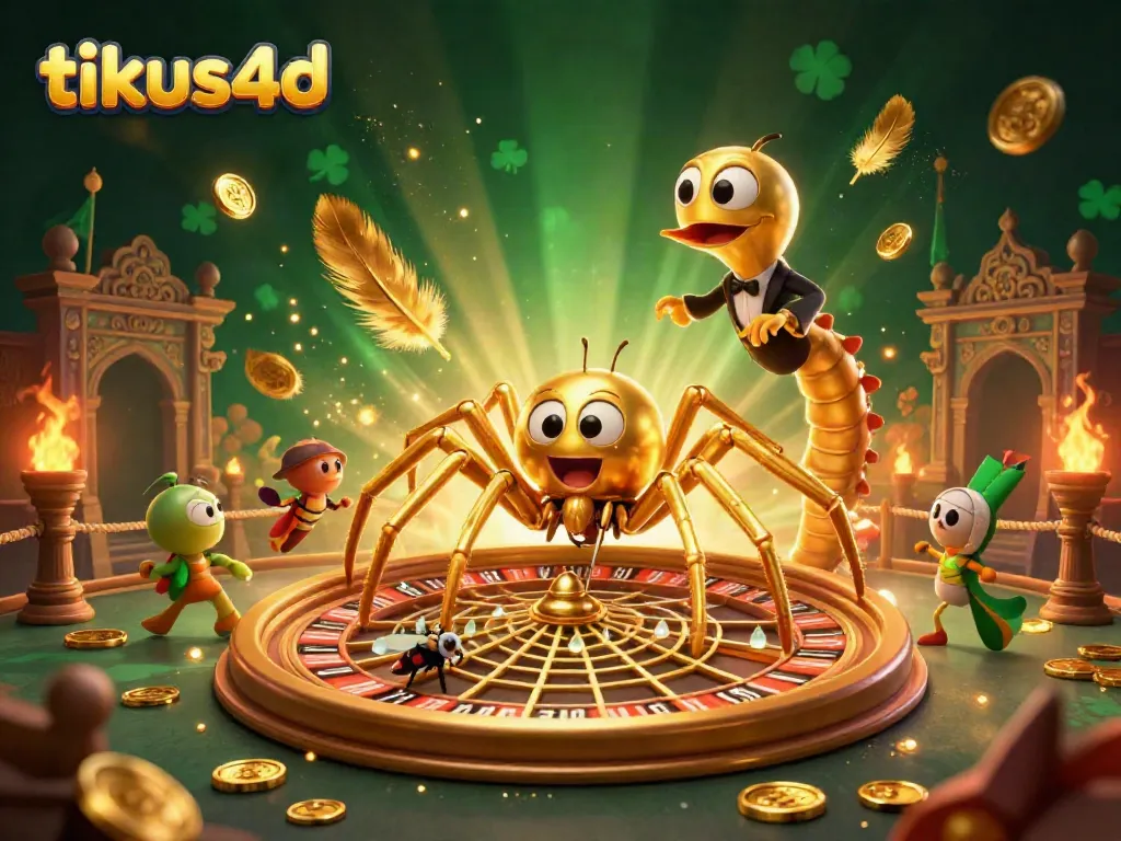 Experience the thrill of tikus4d with a dynamic scene of a roulette wheel, betting characters, and golden casino elements.