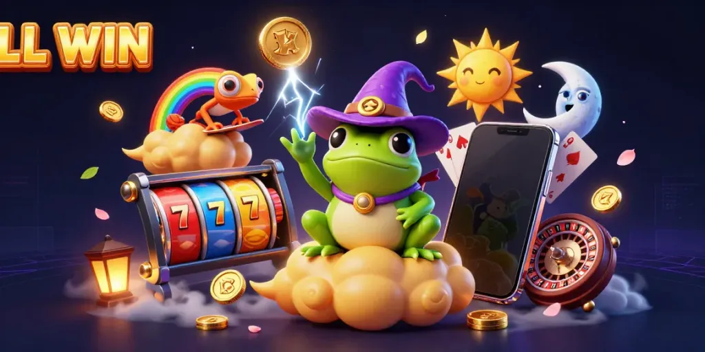 Engage with LL WIN's lavish world, where the weather wizard frog conjures golden coins amidst a vibrant casino celebration.