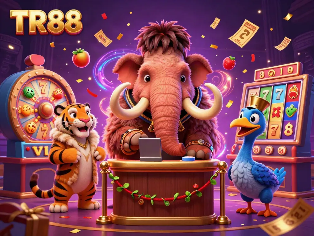 Engage with TR88's vibrant casino experience featuring animated characters and colorful gambling elements.