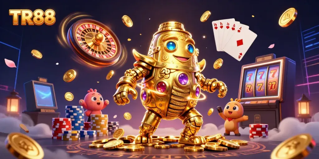 Experience thrilling gameplay with TR 88, featuring a golden golem and vibrant casino elements.