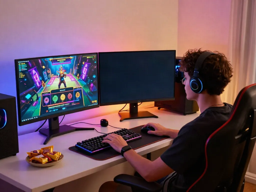 Person playing slot gacor at a modern gaming setup with vibrant graphics.
