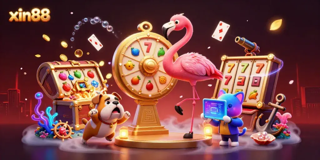 Spin to win with xin88: a vibrant scene featuring a flamingo host and bulldog contestant.