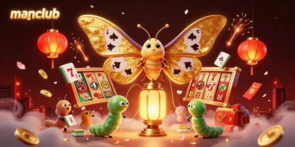 manclub celebrates gaming with a vibrant 3D illustration of a golden moth and casino elements.