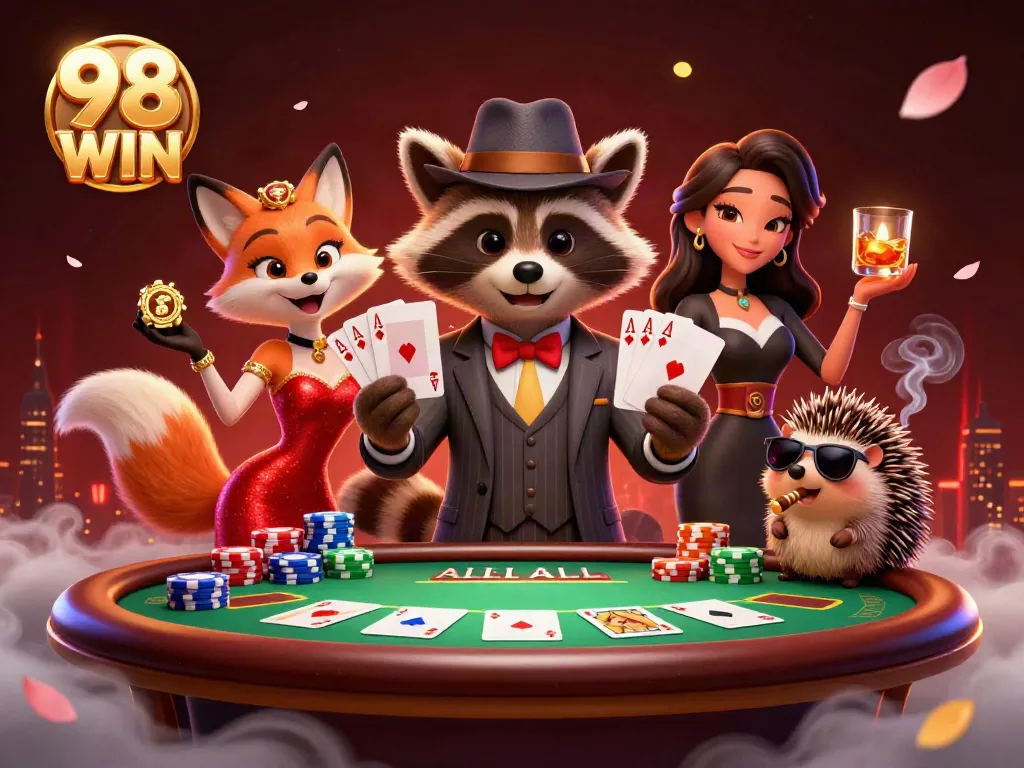 Win big at 98 WIN with our lively poker scene featuring a raccoon, fox, and hedgehog!