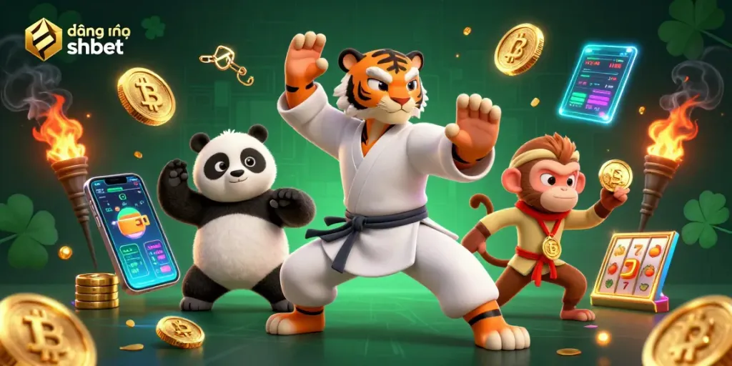 Experience đăng nhập shbet with engaging visuals of a kung fu tiger mastering slots and crypto.