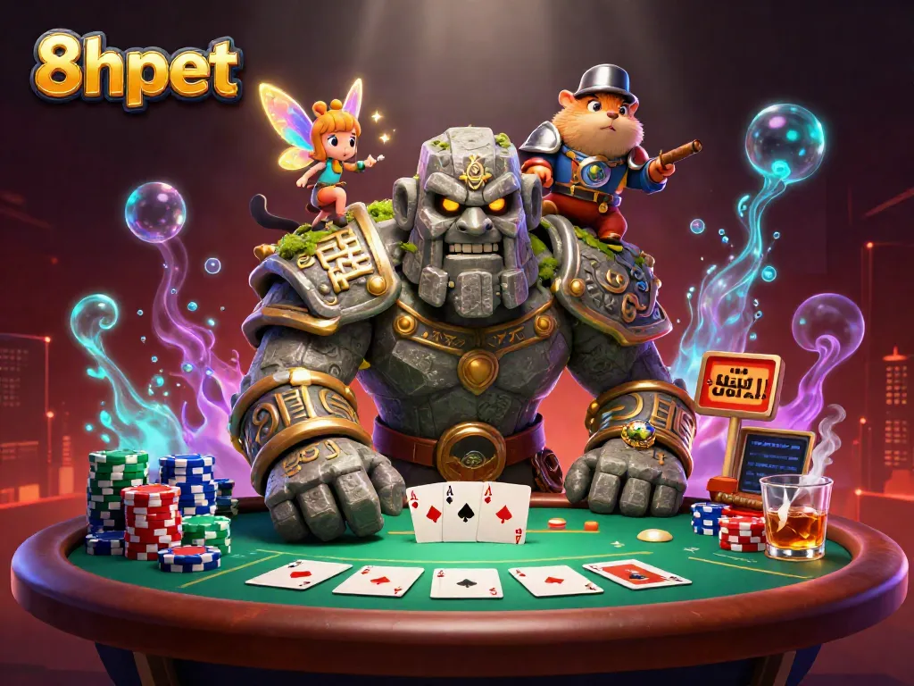 Experience thrilling poker action with 8xbet's vibrant 3D casino scene featuring magical characters.