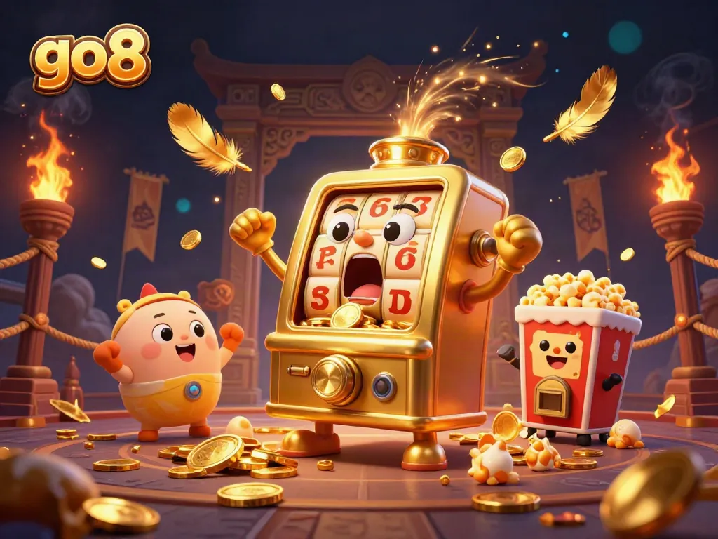 Experience the excitement of go8 through a lively scene of a jackpot-winning slot machine and cheering companions.