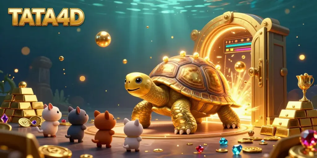 TATA4D presents a lively casino scene with a golden tortoise pinball machine and sparkling treasures.