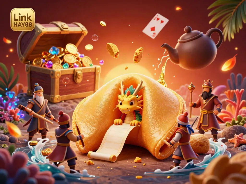Experience excitement with Link HAY88 as a golden fortune cookie reveals secrets amidst charming animated characters.