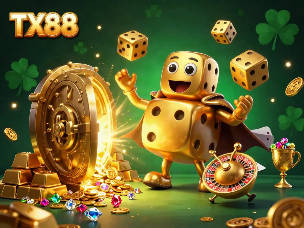 Experience the vibrant excitement of TX88's casino atmosphere with dynamic golden dice and dazzling treasures.
