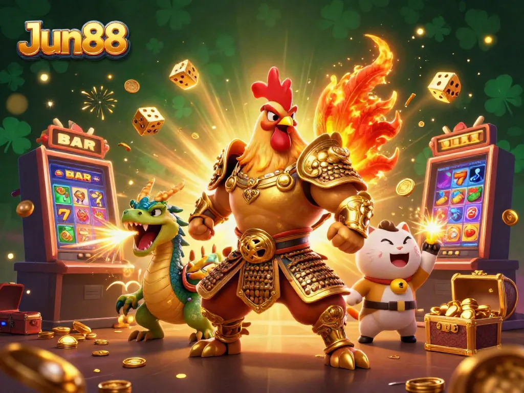 Engage with Jun88's vibrant casino scene featuring a majestic rooster warrior, dragon hatchling, and lively game elements.