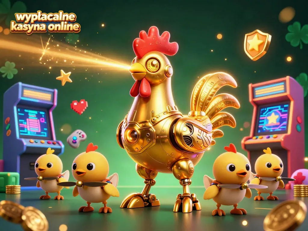 Wypłacalne kasyna online showcase a vibrant scene with a golden rooster robot and baby chick drones amidst glowing game elements.