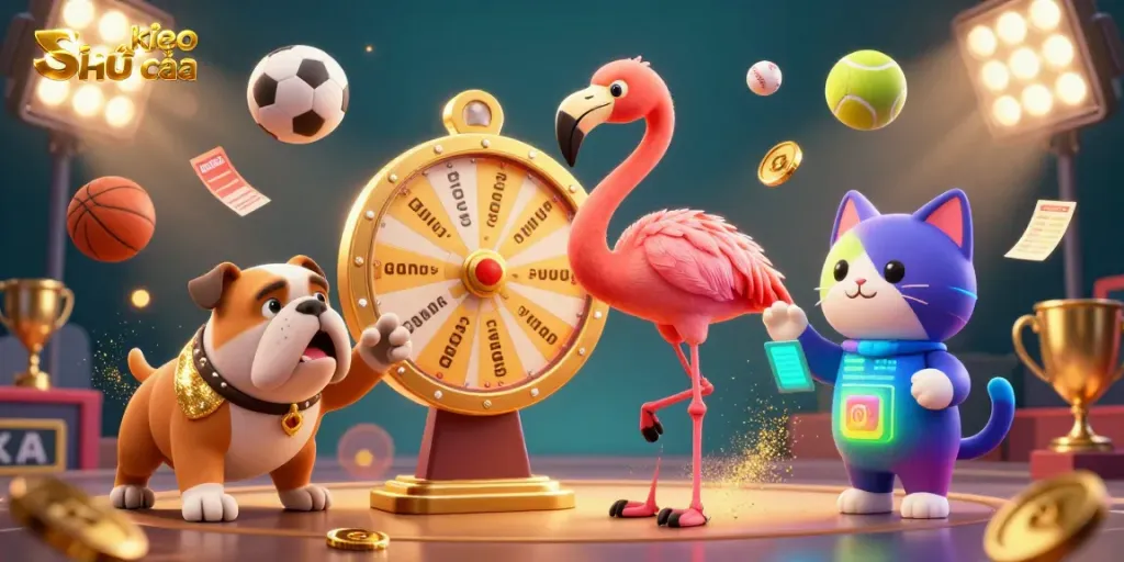 Engage with Soi kèo nhà cái as the flamingo host spins a golden prize wheel with sports balls flying lively around.