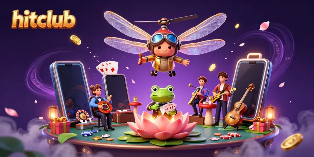 Engage with hitclub's vibrant gaming scene featuring a dragonfly pilot and frog croupier.